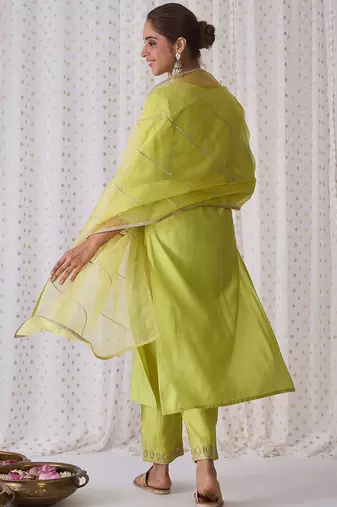 Floral Yoke Design Sequnnied Straight Kurta With Trousers & Dupatta