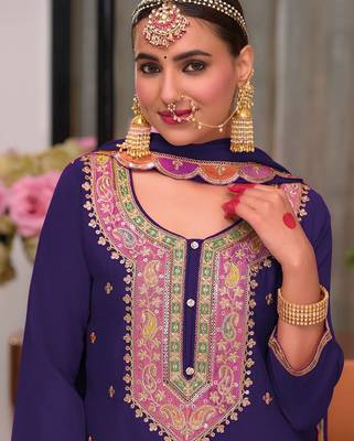 Floral Embroidered Sequinned Chinon Straight Kurta With Palazzos & Dupatta 2