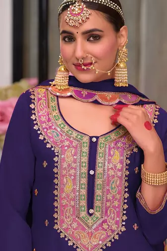 Floral Embroidered Sequinned Chinon Straight Kurta With Palazzos & Dupatta