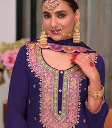 Floral Embroidered Sequinned Chinon Straight Kurta With Palazzos & Dupatta