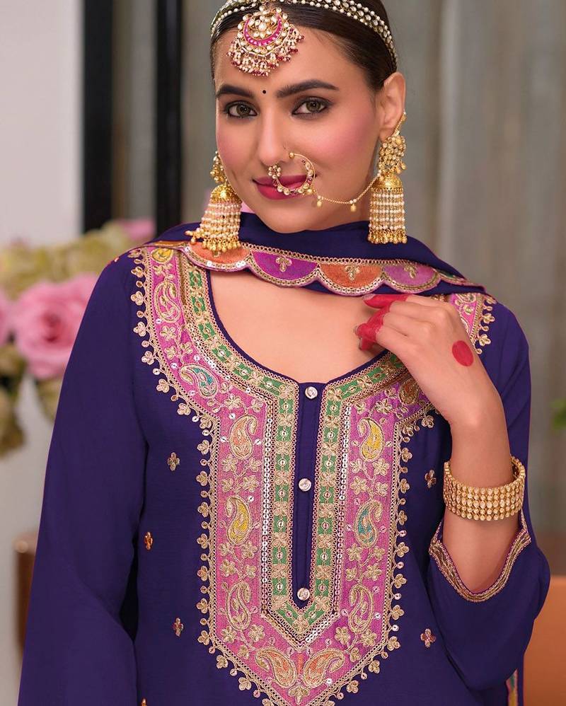Floral Embroidered Sequinned Chinon Straight Kurta With Palazzos & Dupatta