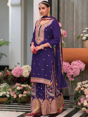 Floral Embroidered Sequinned Chinon Straight Kurta With Palazzos & Dupatta 1