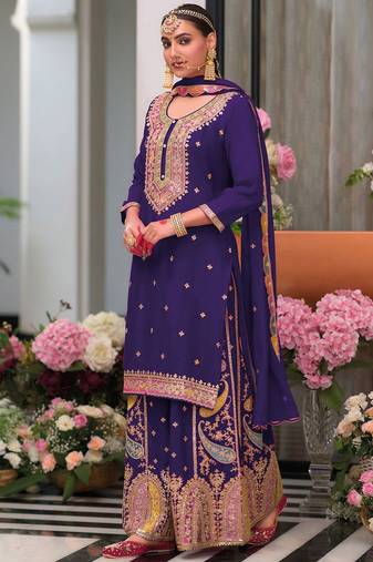 Floral Embroidered Sequinned Chinon Straight Kurta With Palazzos & Dupatta