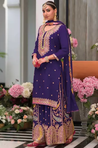 Floral Embroidered Sequinned Chinon Straight Kurta With Palazzos & Dupatta