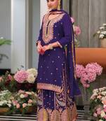 Floral Embroidered Sequinned Chinon Straight Kurta With Palazzos & Dupatta