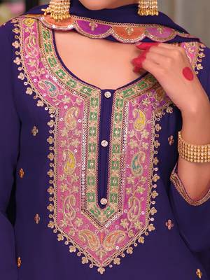 Floral Embroidered Sequinned Chinon Straight Kurta With Palazzos & Dupatta 3