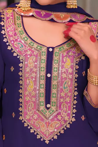 Floral Embroidered Sequinned Chinon Straight Kurta With Palazzos & Dupatta