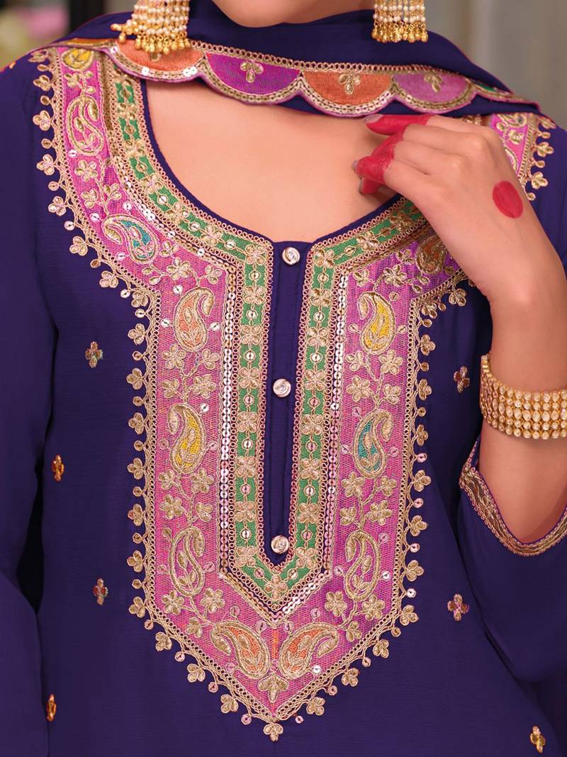 Floral Embroidered Sequinned Chinon Straight Kurta With Palazzos & Dupatta