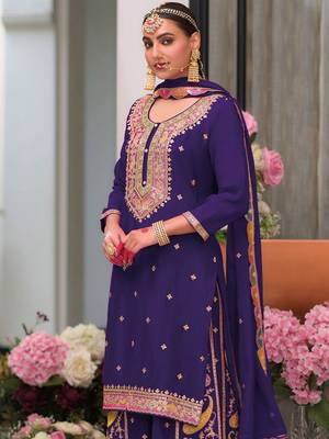 Floral Embroidered Sequinned Chinon Straight Kurta With Palazzos & Dupatta 4