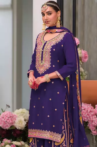 Floral Embroidered Sequinned Chinon Straight Kurta With Palazzos & Dupatta