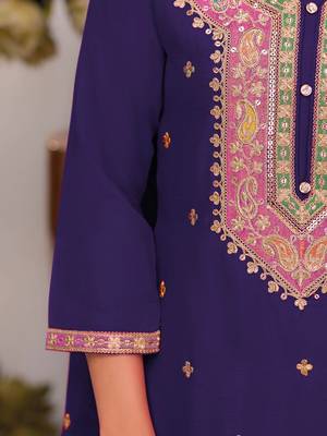 Floral Embroidered Sequinned Chinon Straight Kurta With Palazzos & Dupatta 5