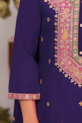 Floral Embroidered Sequinned Chinon Straight Kurta With Palazzos & Dupatta