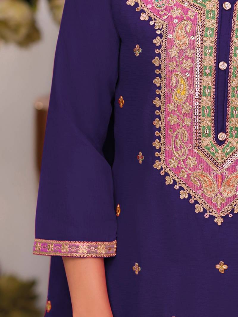 Floral Embroidered Sequinned Chinon Straight Kurta With Palazzos & Dupatta