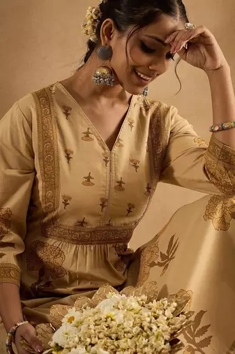 floral printed v-neck pleated  cotton a-line kurta with trouser