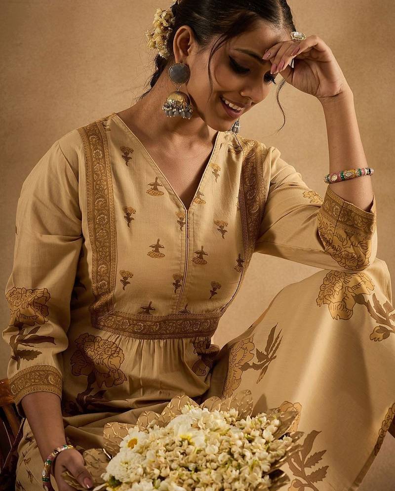 floral printed v-neck pleated  cotton a-line kurta with trouser
