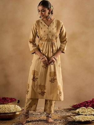 floral printed v-neck pleated  cotton a-line kurta with trouser 1