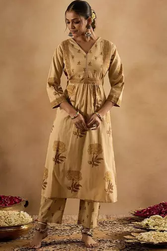 floral printed v-neck pleated  cotton a-line kurta with trouser