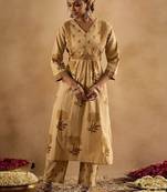 floral printed v-neck pleated  cotton a-line kurta with trouser