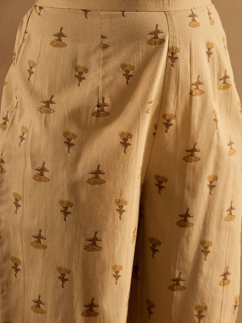floral printed v-neck pleated  cotton a-line kurta with trouser