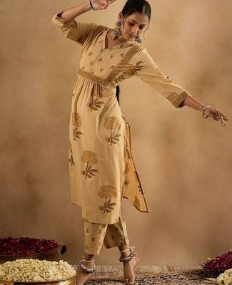 floral printed v-neck pleated  cotton a-line kurta with trouser 4