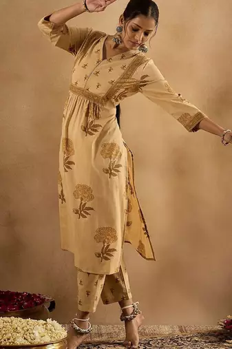 floral printed v-neck pleated  cotton a-line kurta with trouser