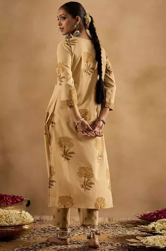 floral printed v-neck pleated  cotton a-line kurta with trouser