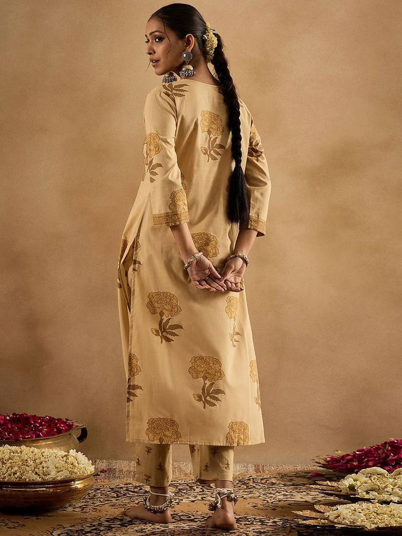 floral printed v-neck pleated  cotton a-line kurta with trouser