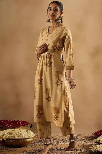 floral printed v-neck pleated  cotton a-line kurta with trouser
