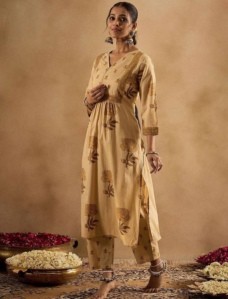 floral printed v-neck pleated  cotton a-line kurta with trouser