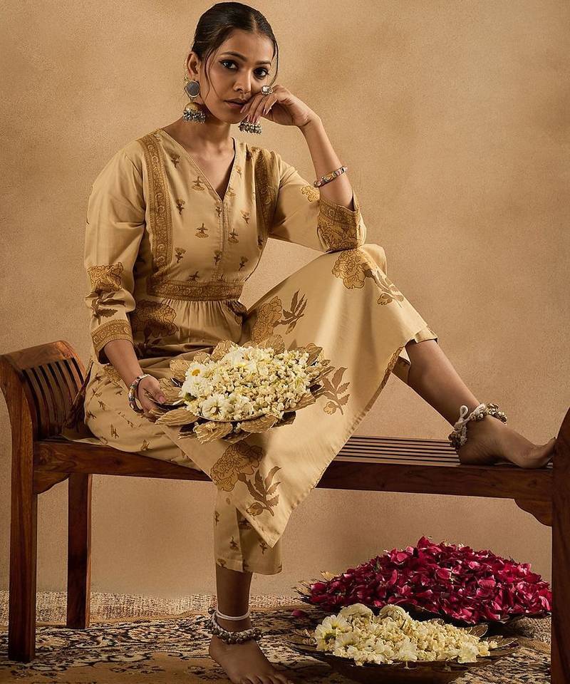floral printed v-neck pleated  cotton a-line kurta with trouser