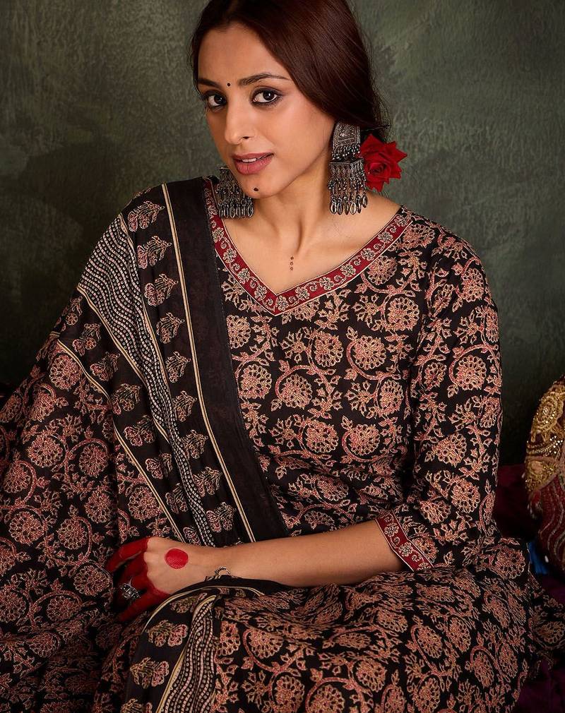Floral Printed V-Neck Cotton Straight Kurta With Trousers & Dupatta