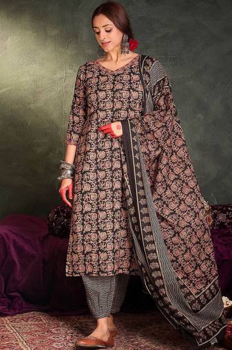 Floral Printed V-Neck Cotton Straight Kurta With Trousers & Dupatta