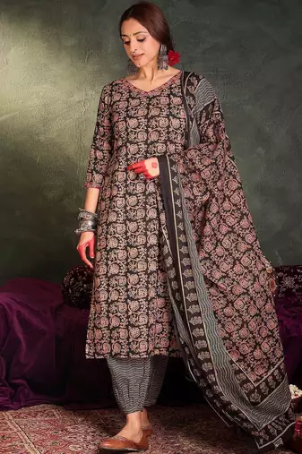 Floral Printed V-Neck Cotton Straight Kurta With Trousers & Dupatta