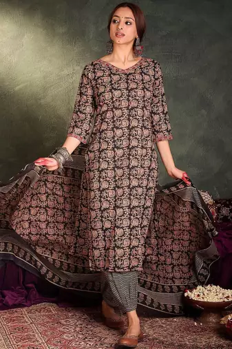 Floral Printed V-Neck Cotton Straight Kurta With Trousers & Dupatta