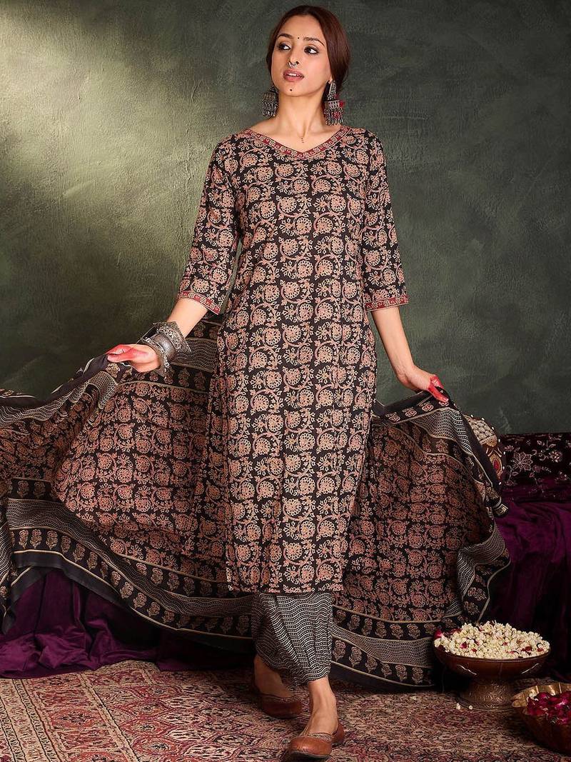 Floral Printed V-Neck Cotton Straight Kurta With Trousers & Dupatta