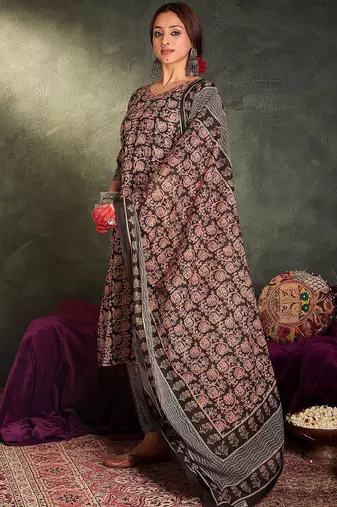 Floral Printed V-Neck Cotton Straight Kurta With Trousers & Dupatta