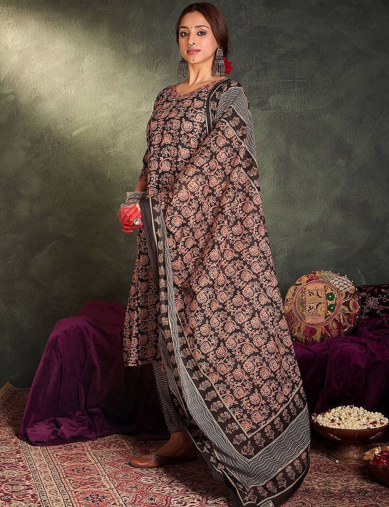 Floral Printed V-Neck Cotton Straight Kurta With Trousers & Dupatta