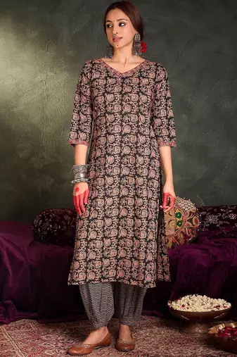 Floral Printed V-Neck Cotton Straight Kurta With Trousers & Dupatta