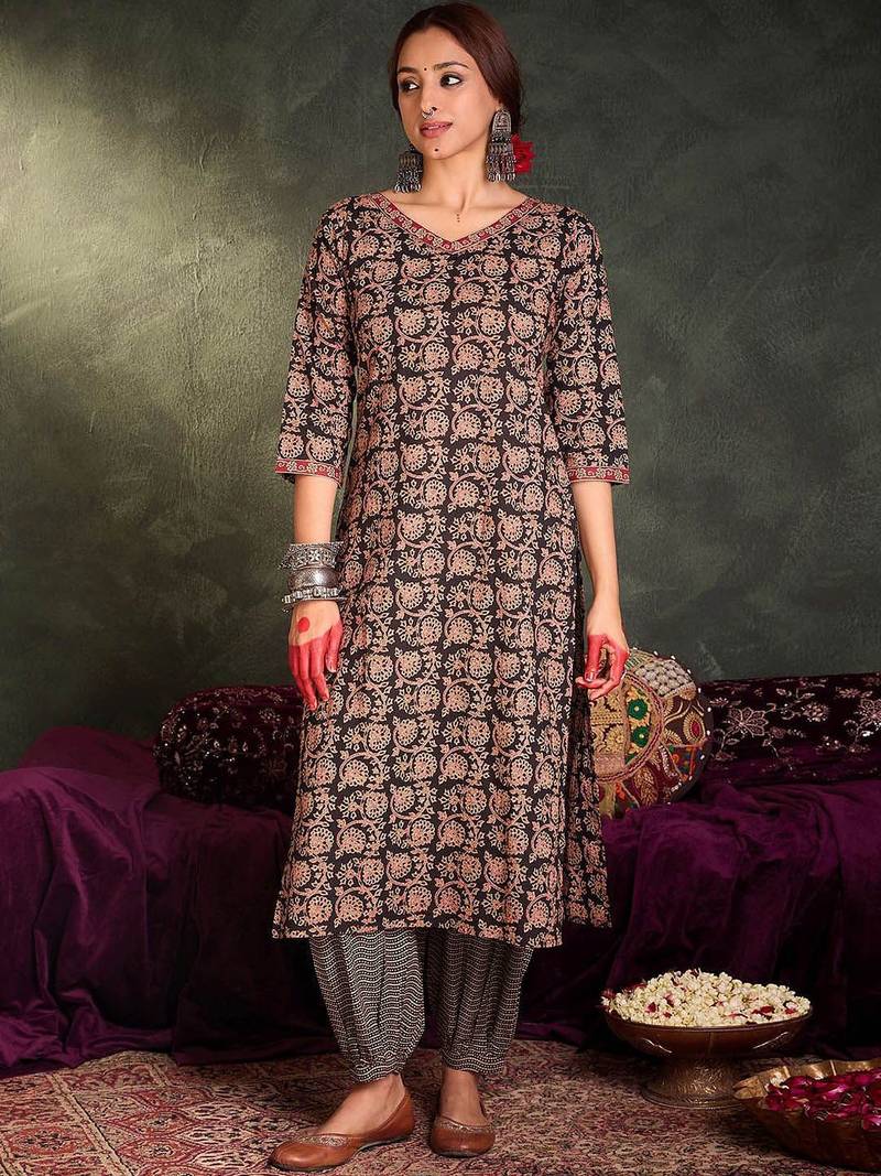 Floral Printed V-Neck Cotton Straight Kurta With Trousers & Dupatta
