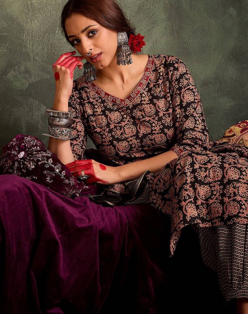 Floral Printed V-Neck Cotton Straight Kurta With Trousers & Dupatta