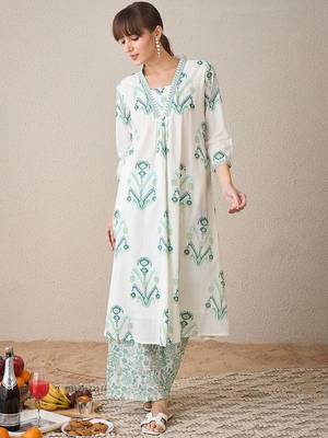 Ethnic Motifs Printed V-Neck Pure Cotton A-Line Kurta with Palazzos 1