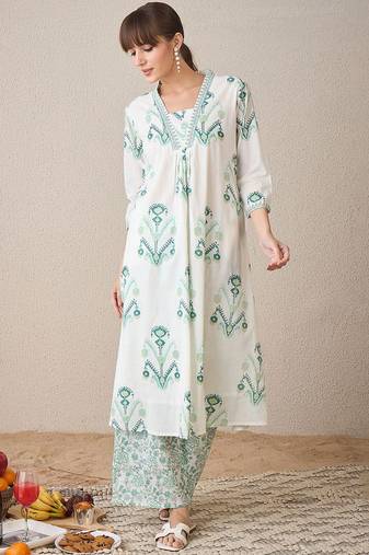 ethnic motifs printed v-neck  cotton a-line kurta with palazzos