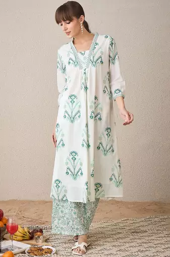 Ethnic Motifs Printed V-Neck Pure Cotton A-Line Kurta with Palazzos