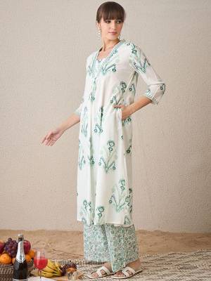 Ethnic Motifs Printed V-Neck Pure Cotton A-Line Kurta with Palazzos 4