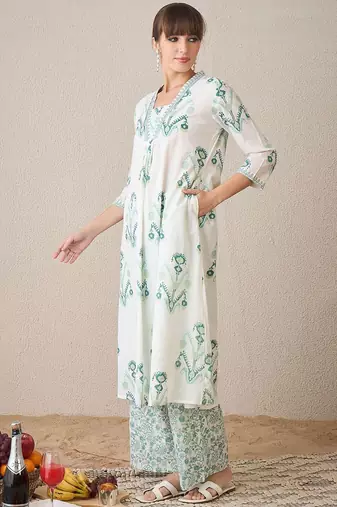 Ethnic Motifs Printed V-Neck Pure Cotton A-Line Kurta with Palazzos