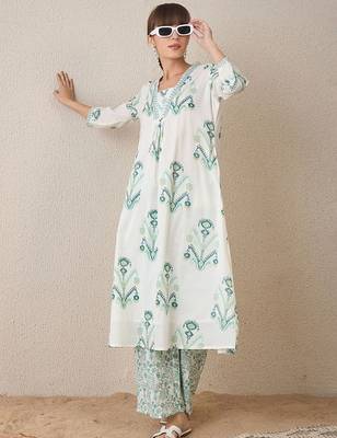 Ethnic Motifs Printed V-Neck Pure Cotton A-Line Kurta with Palazzos 6
