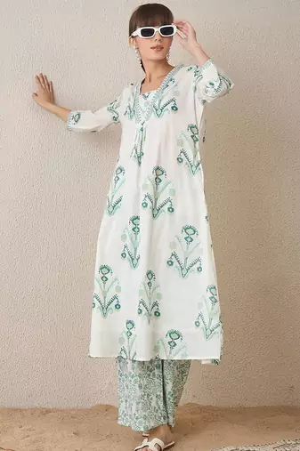 Ethnic Motifs Printed V-Neck Pure Cotton A-Line Kurta with Palazzos