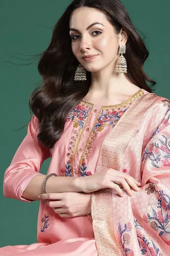 Floral Embroidered Thread Work Kurta with Trousers & With Dupatta