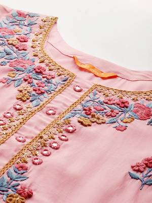 Floral Embroidered Thread Work Kurta with Trousers & With Dupatta 3