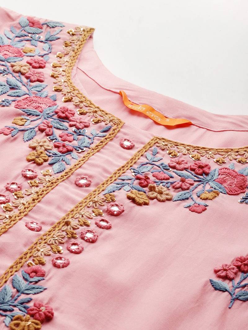 Floral Embroidered Thread Work Kurta with Trousers & With Dupatta